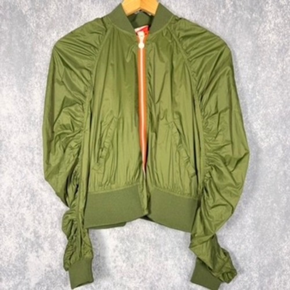 Hunter for Target Bomber Jacket Women XS Olive Green Ruched Sleeve Cropped Zip